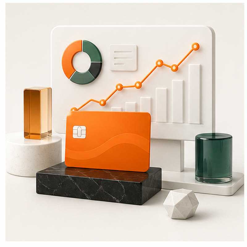 Orange wallet card in front of charts and growth signals for loyalty insights
