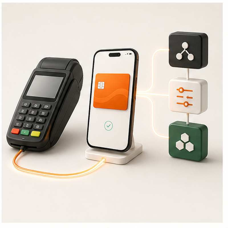 POS terminal connected to phone wallet pass and modular integration nodes
