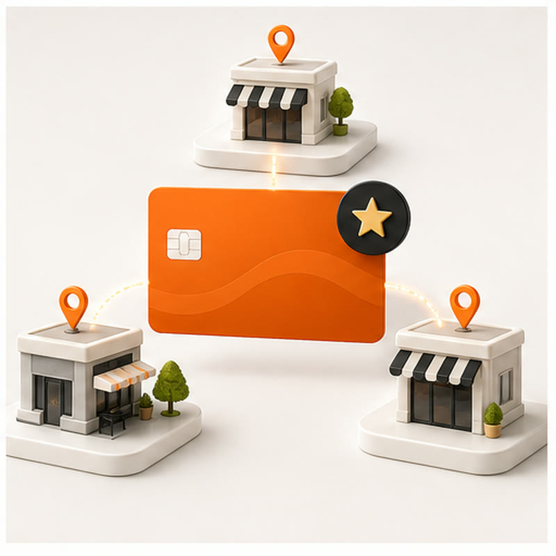 Central wallet pass connected to several storefronts and location pins