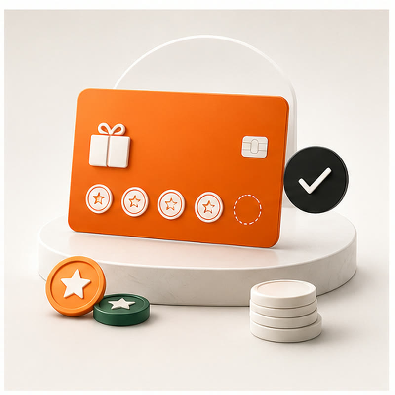 Orange rewards card with gift, stamp, and points tokens