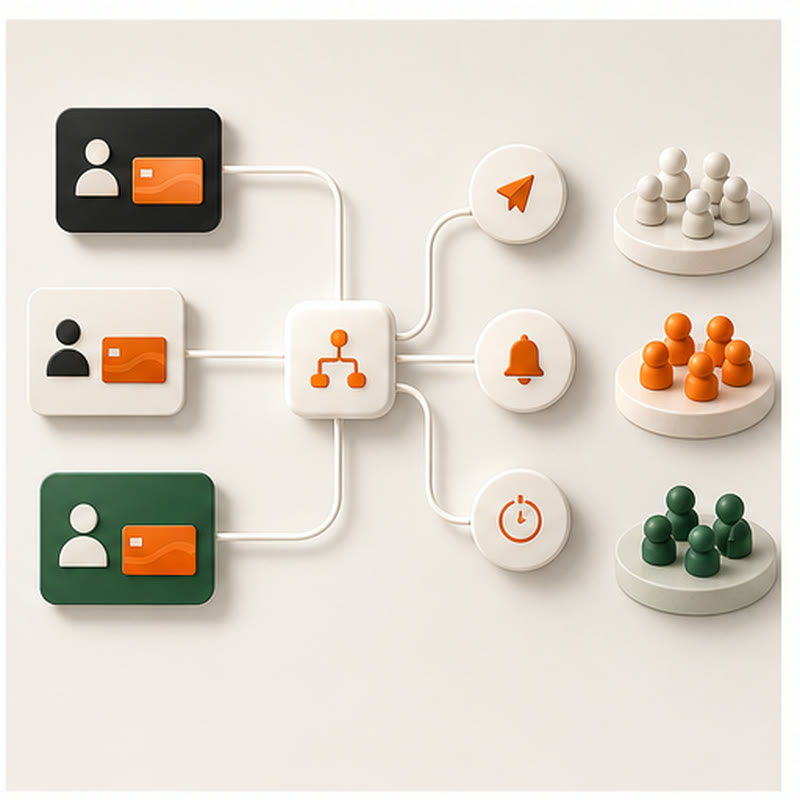 Customer segment cards connected to automated loyalty flow nodes