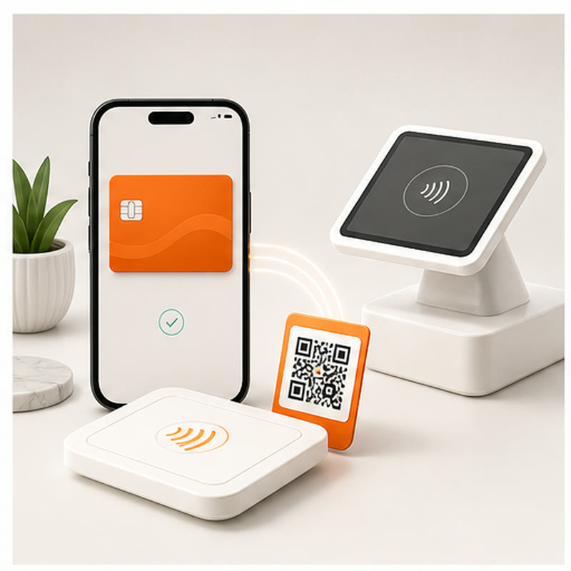 Phone wallet pass, QR code, and checkout terminal showing a digital wallet pass enrollment moment