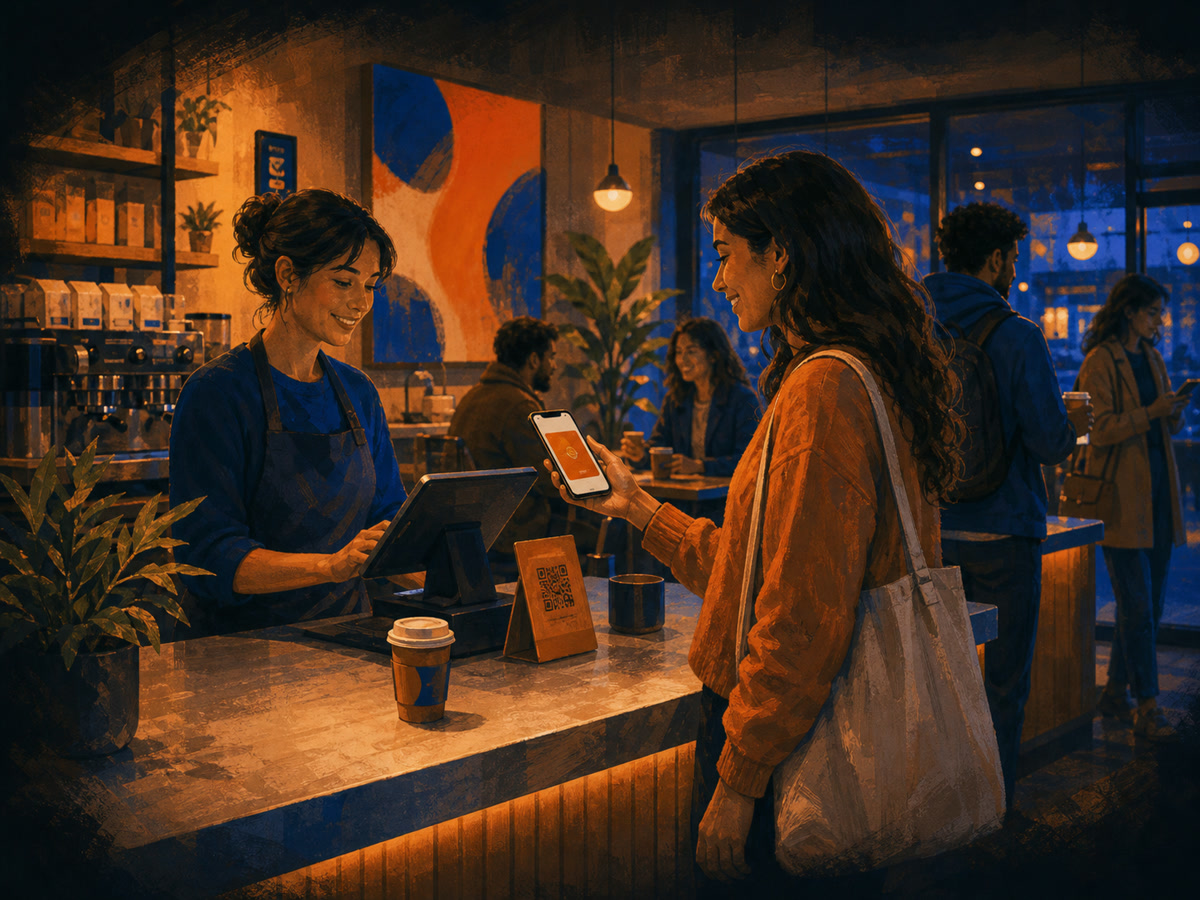 A café customer showing an orange wallet pass at checkout while a barista uses the point-of-sale system.