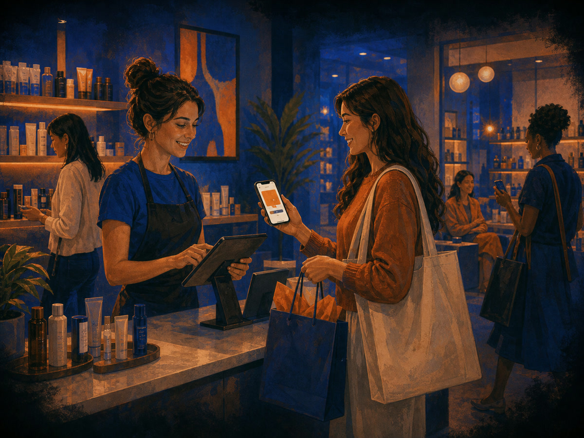 A retail and beauty customer using an orange wallet reward pass at checkout with staff and products nearby.