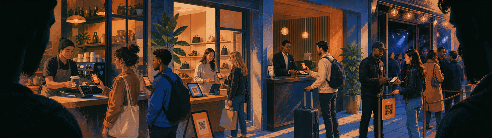 Modern businesses using wallet passes at checkout, hospitality desks, and real customer moments