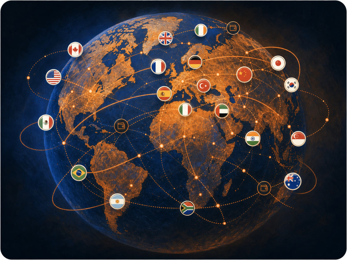 A connected Earth with many country flag markers and wallet-pass network routes for global programs.