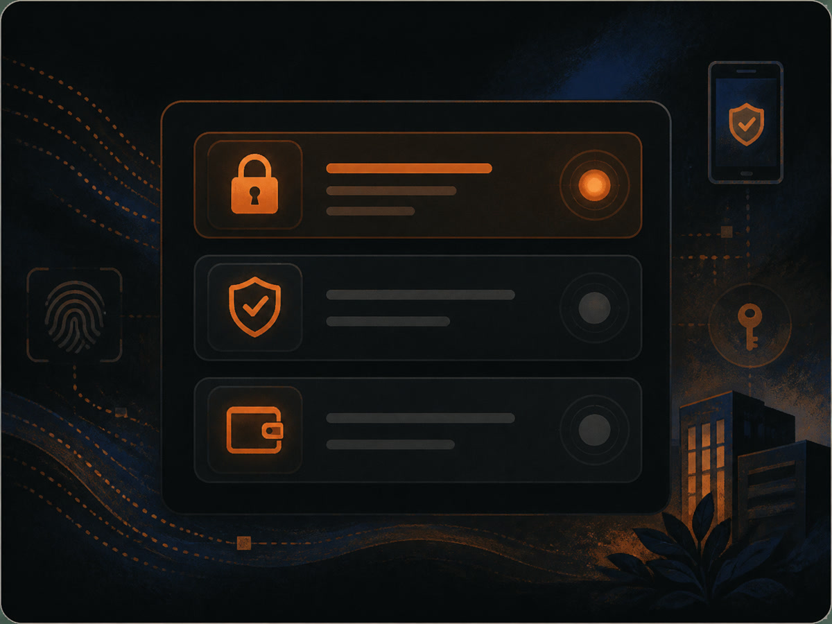 A dark enterprise security controls panel with lock, shield, and wallet protection icons.
