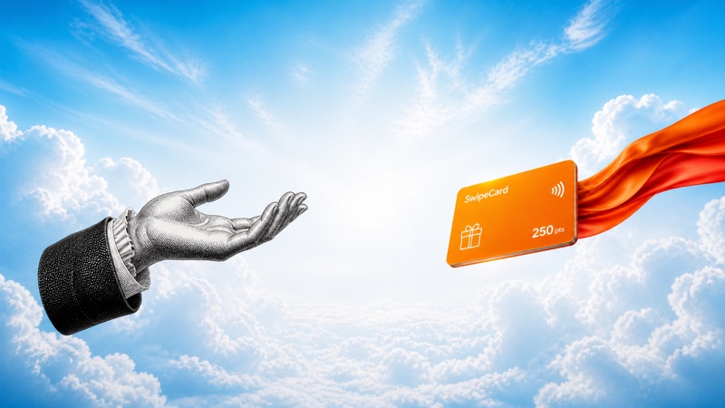An orange SwipeCard loyalty pass floating above clouds toward an open hand.