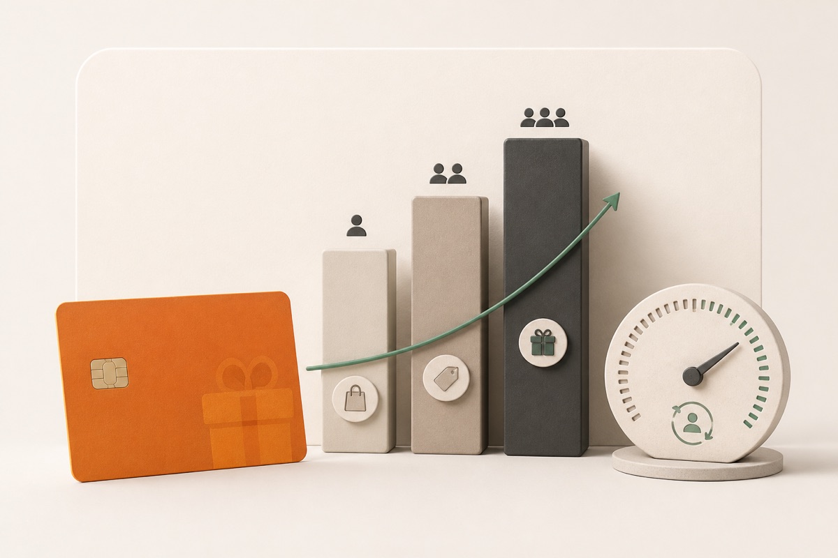 An orange loyalty card with rising measurement columns and an insight dial.