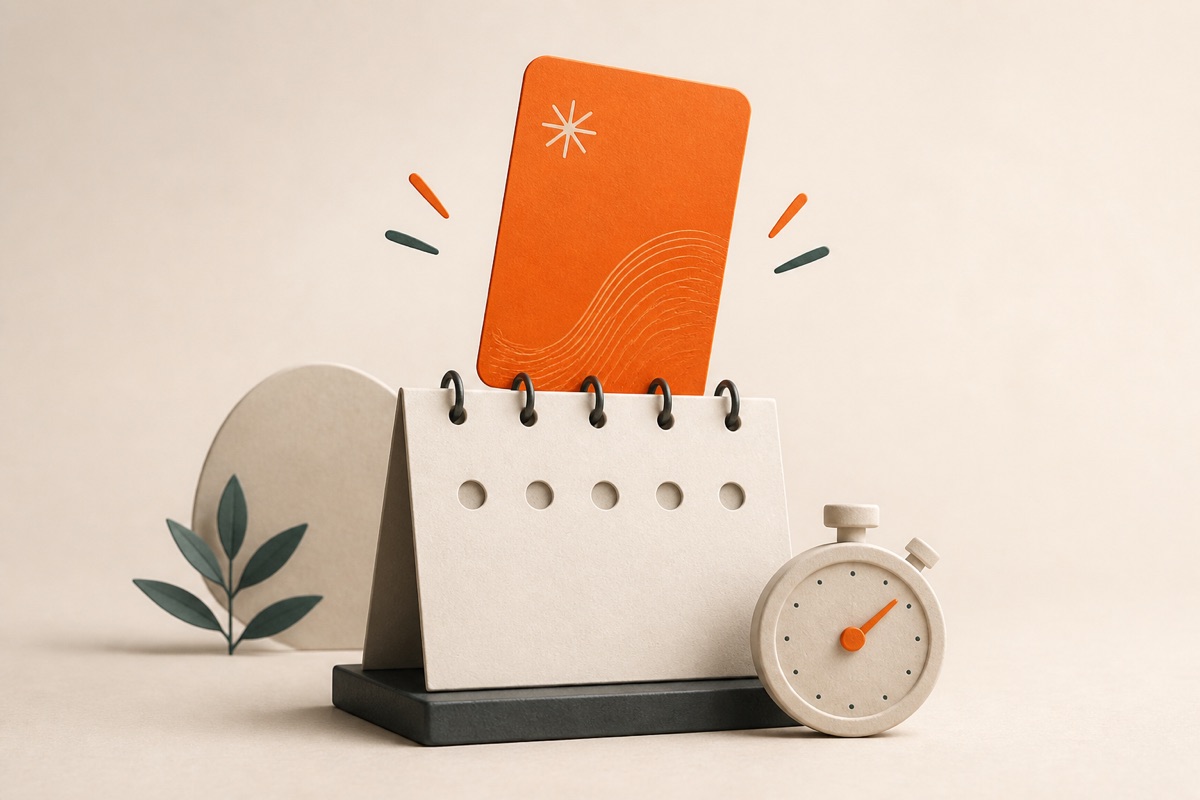 An orange loyalty card launching from a calendar beside a timer.