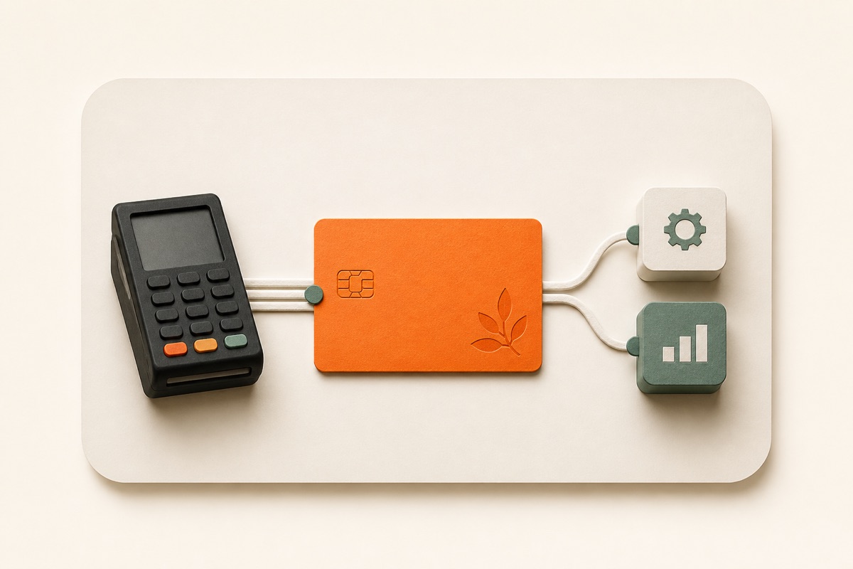 An orange loyalty card connecting a point-of-sale terminal with modular systems.