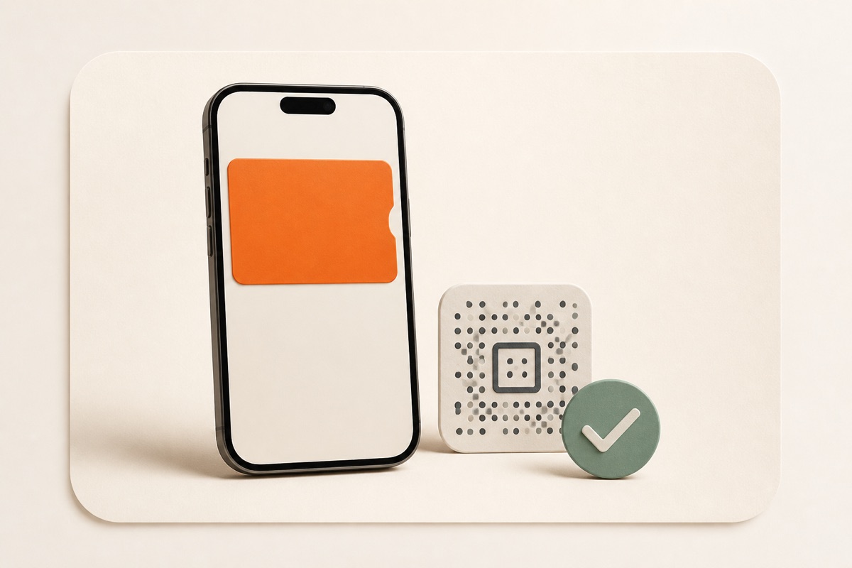 A smartphone wallet pass beside a scan tile and confirmation token.
