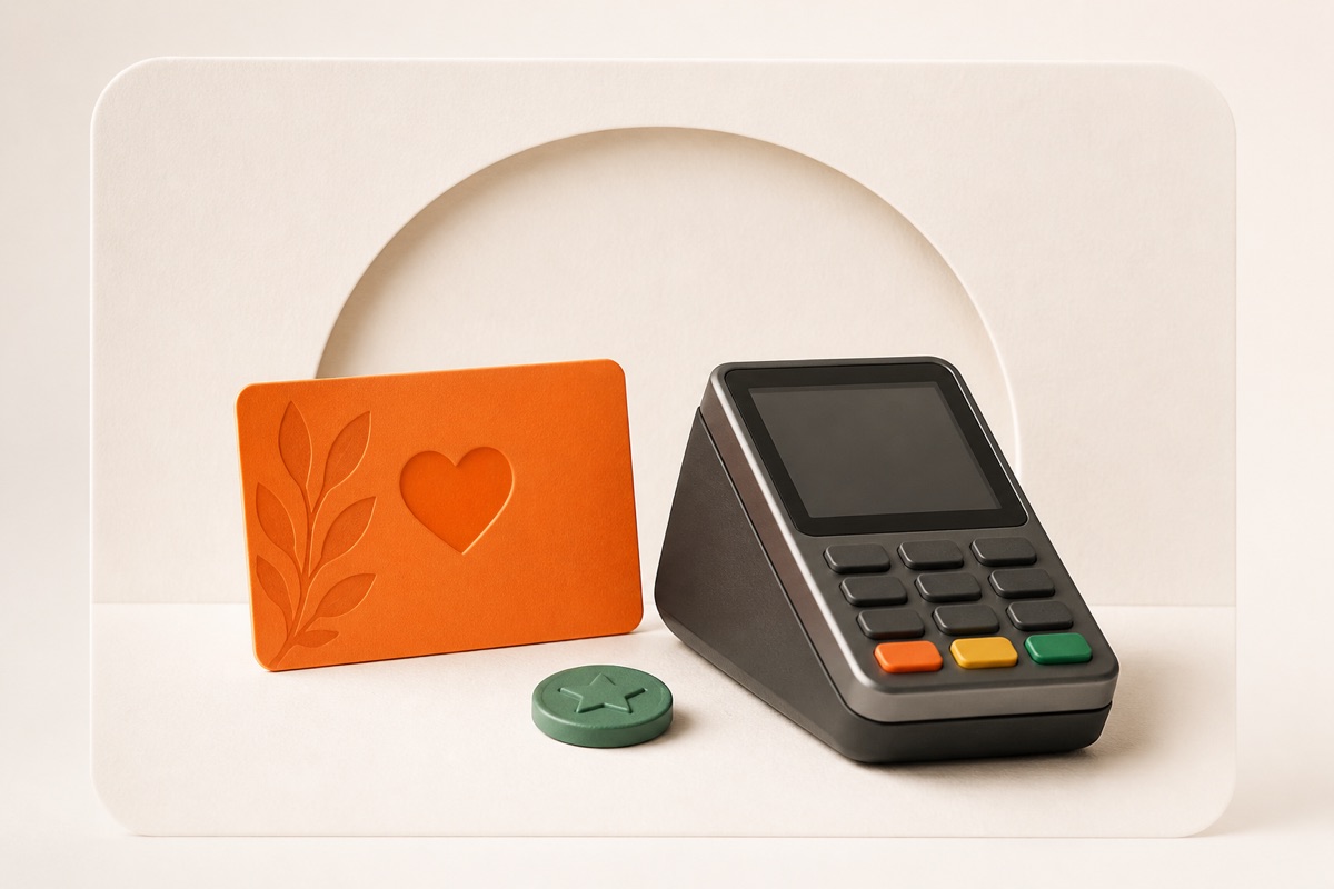 An orange loyalty card beside a point-of-sale terminal and reward token.